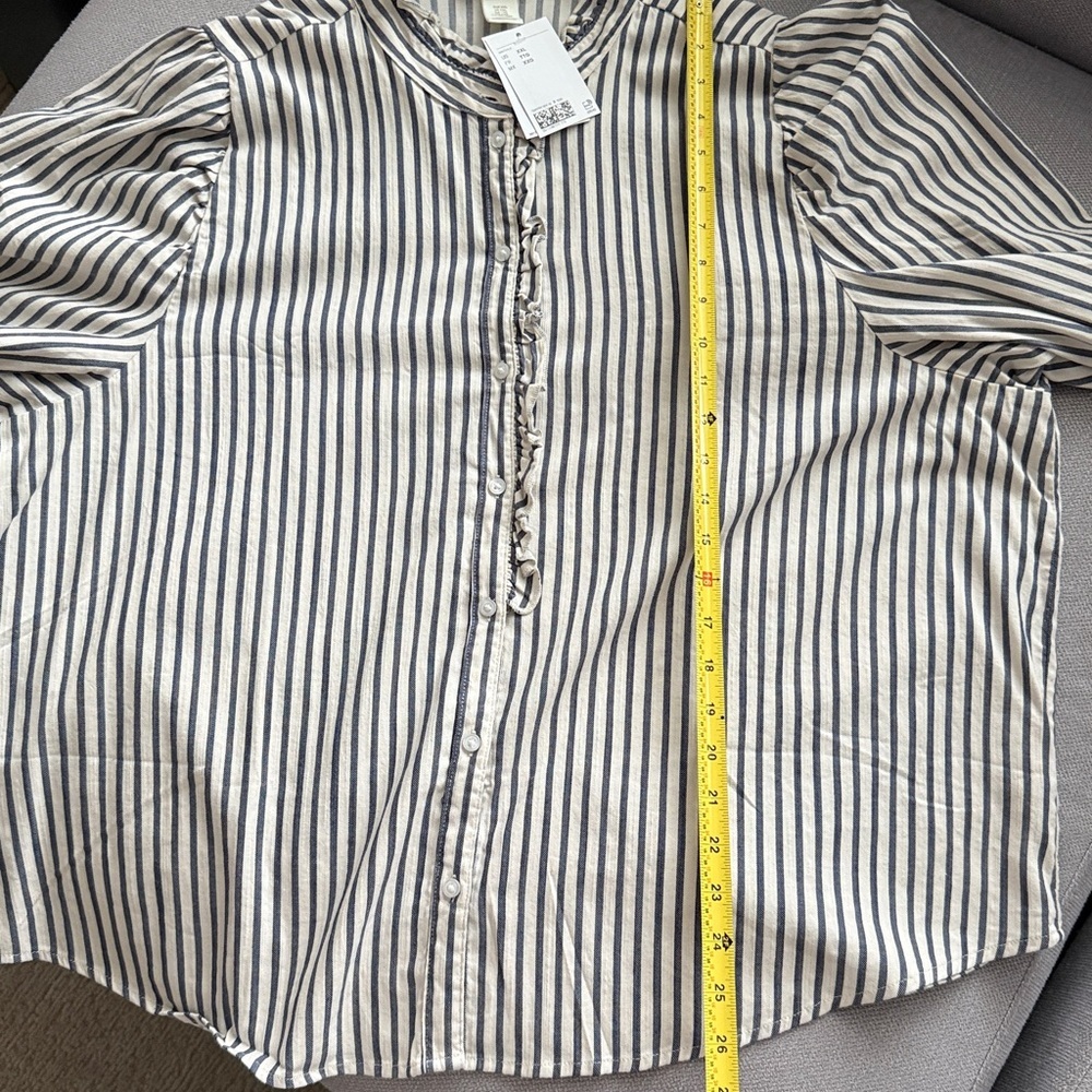 H&M Ruffled Trimmed Twill Blouse Navy and White Striped Shirt Size XXL - Picture 7 of 9